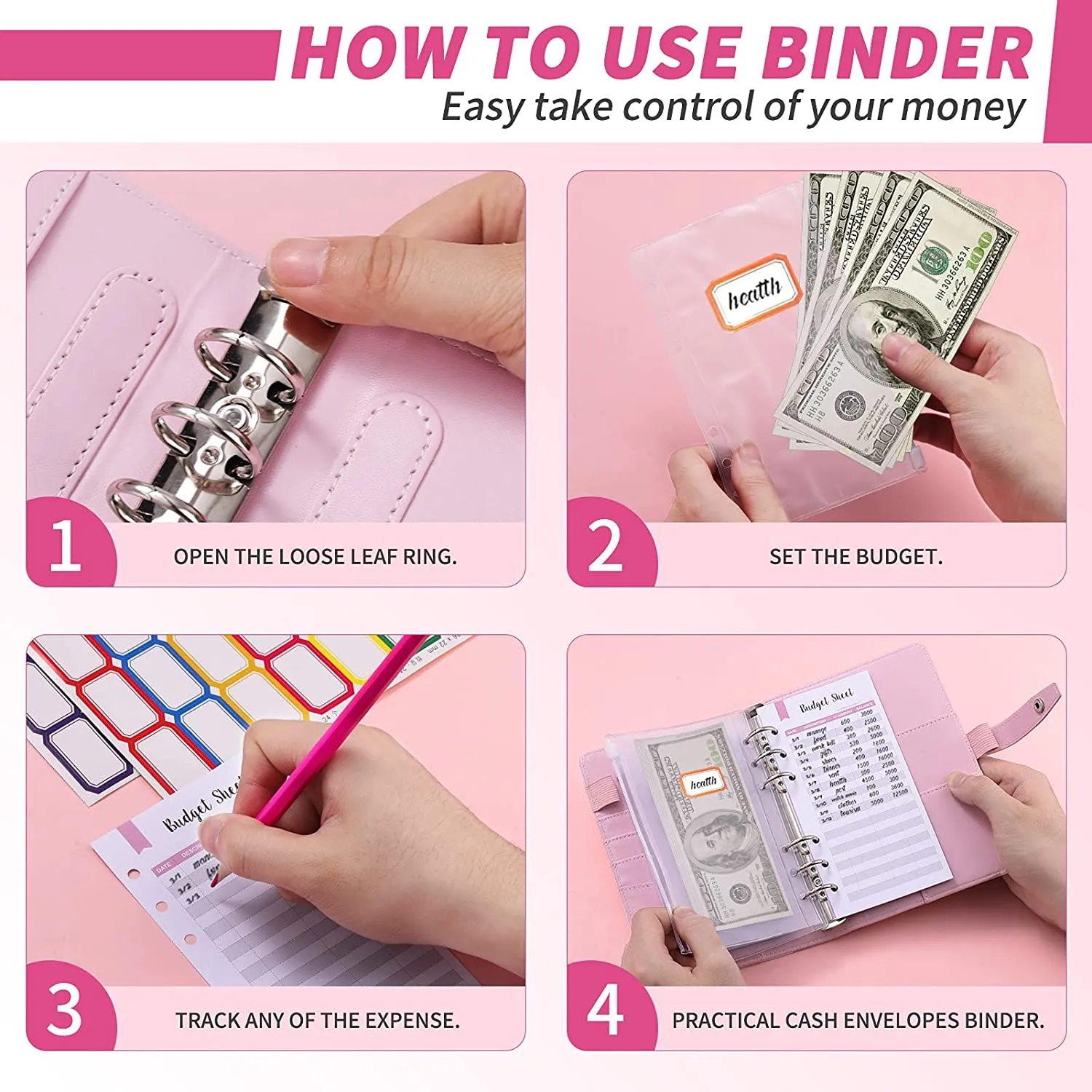 Money Saving Budget Wallet Binder with Zipper Pockets, Budget Sheets and Self-adhesive Labels