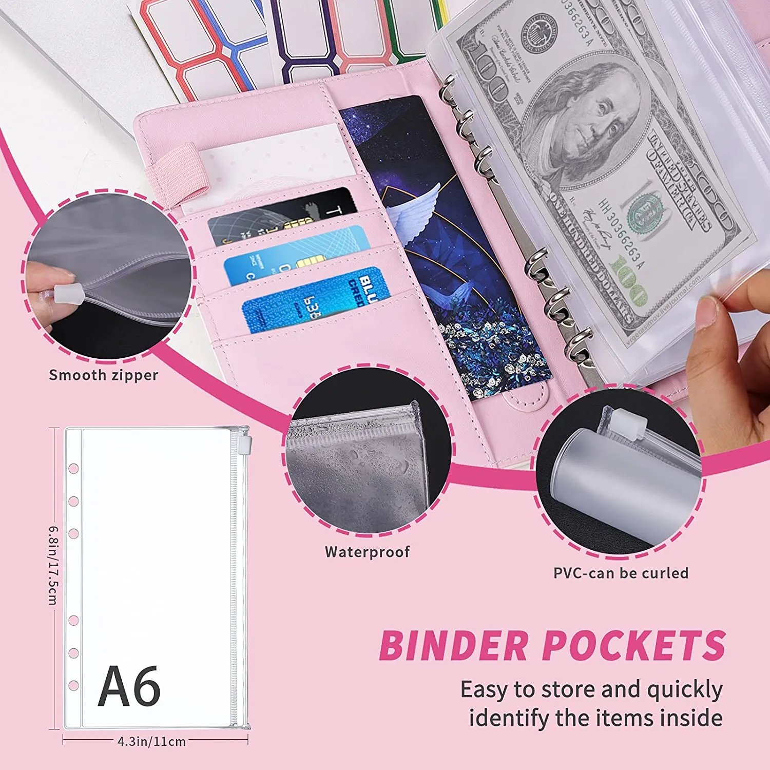 Money Saving Budget Wallet Binder with Zipper Pockets, Budget Sheets and Self-adhesive Labels