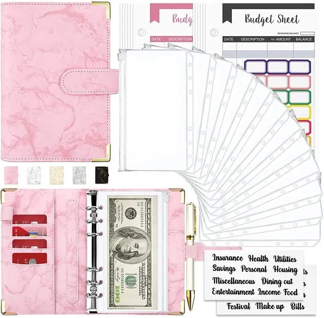 Money Saving Budget Wallet Binder with Zipper Pockets, Budget Sheets and Self-adhesive Labels