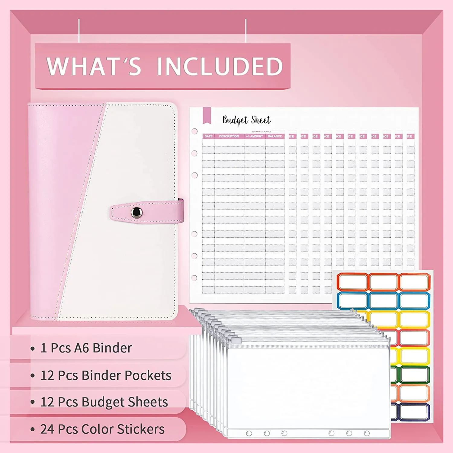 Money Saving Budget Wallet Binder with Zipper Pockets, Budget Sheets and Self-adhesive Labels