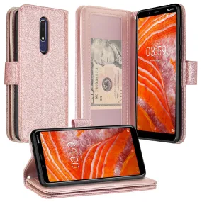 Nokia 3.1 Plus Case, Nokia 3.1 Plus Case, Glitter Faux Leather Flip Credit Card Holder Wrist Strap Shockproof Protective Wallet Case Clutch for Nokia 3.1 Plus - Rose Gold