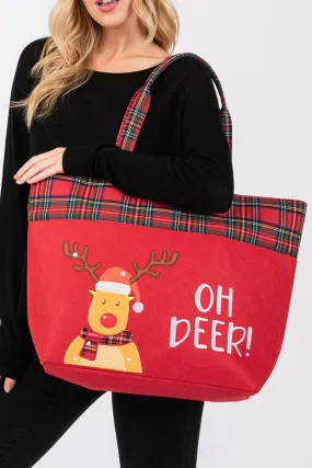 Oh Deer Red Plaid Christmas Tote Bag