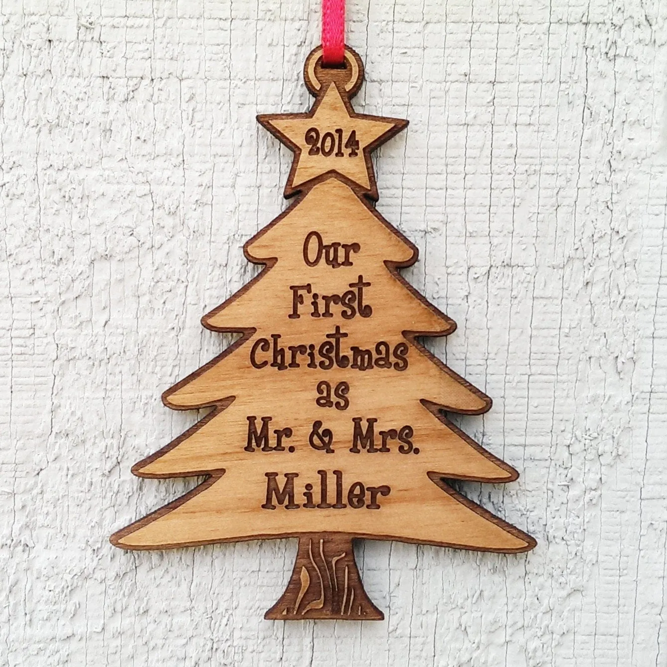 Our First Christmas Tree Ornament as Mr and Mrs Laser Wood Engraved Personalized for him her perfect gift for newlywed just married couple.