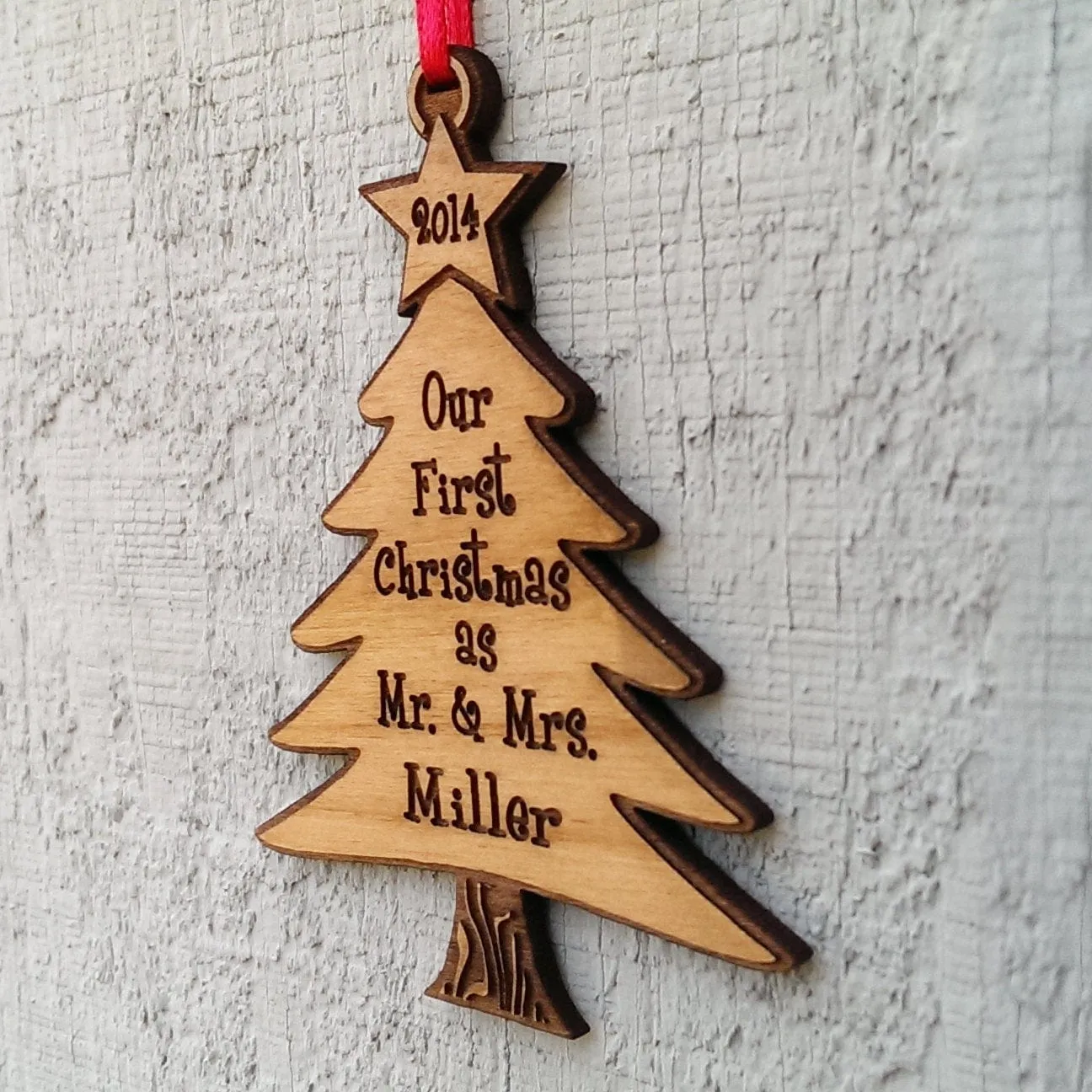 Our First Christmas Tree Ornament as Mr and Mrs Laser Wood Engraved Personalized for him her perfect gift for newlywed just married couple.