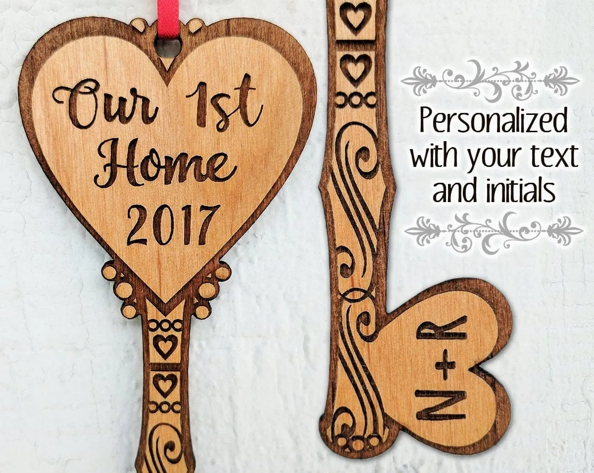 Our FIRST Home Key Ornament Personalized House Custom Wood Key Ornament Couples Housewarming Home Decor First Christmas in Our New Home Gift