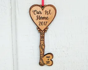 Our FIRST Home Key Ornament Personalized House Custom Wood Key Ornament Couples Housewarming Home Decor First Christmas in Our New Home Gift