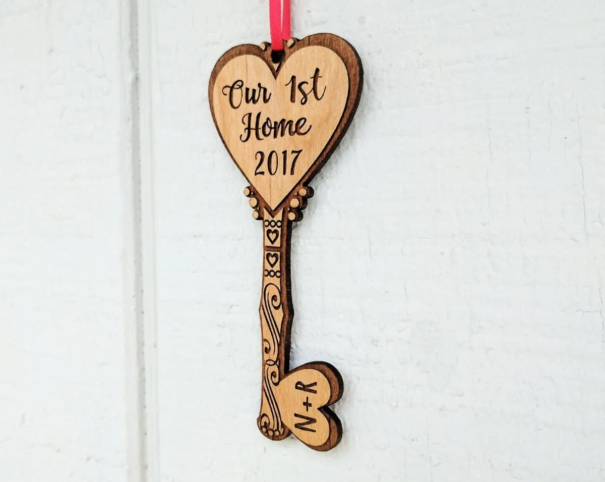 Our FIRST Home Key Ornament Personalized House Custom Wood Key Ornament Couples Housewarming Home Decor First Christmas in Our New Home Gift