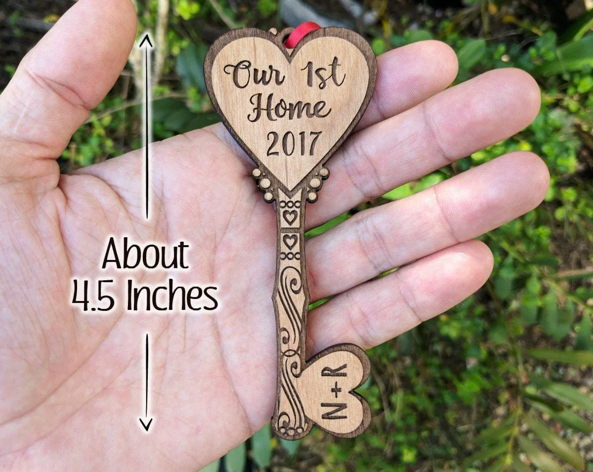 Our FIRST Home Key Ornament Personalized House Custom Wood Key Ornament Couples Housewarming Home Decor First Christmas in Our New Home Gift