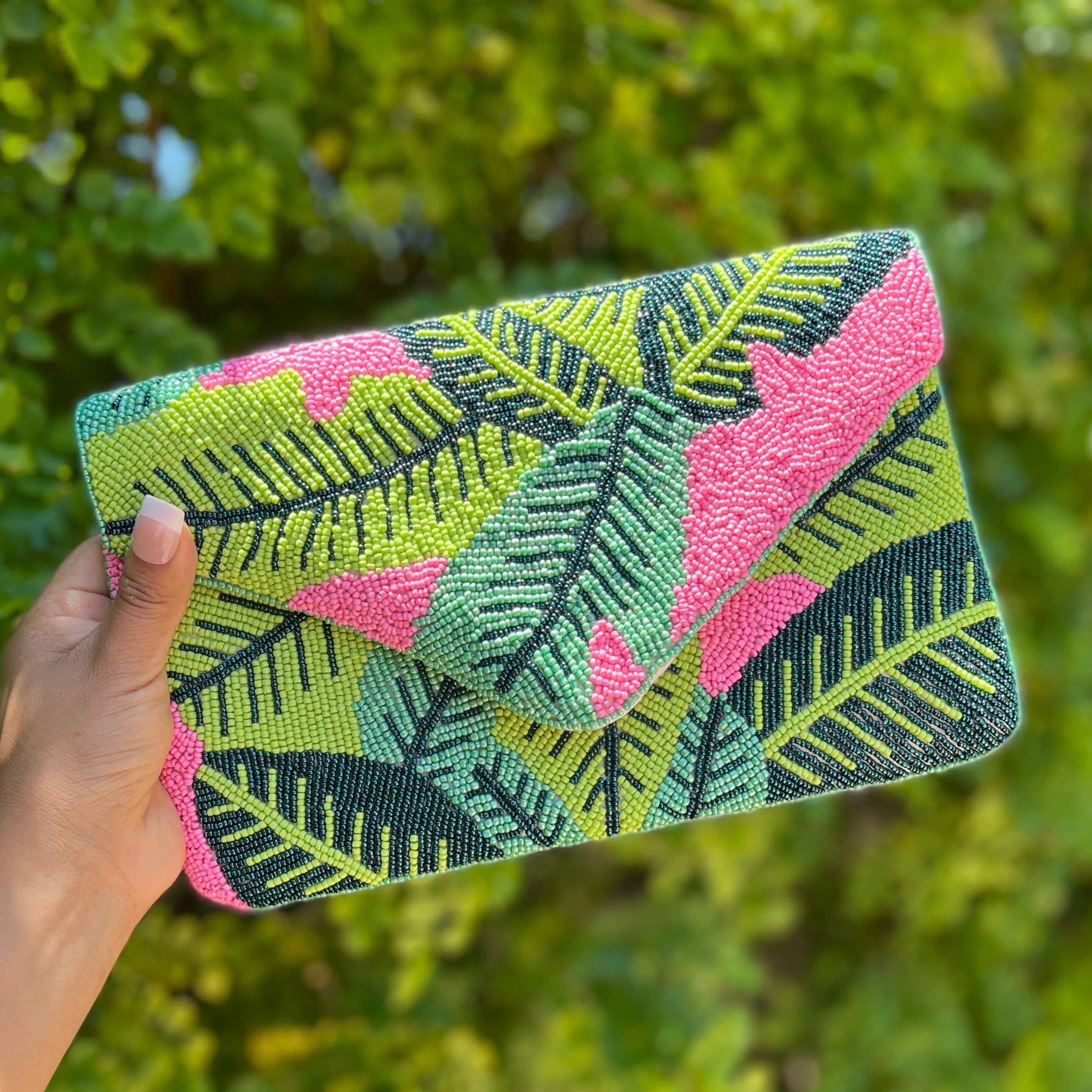 Palm Leaves Beaded Clutch Purse