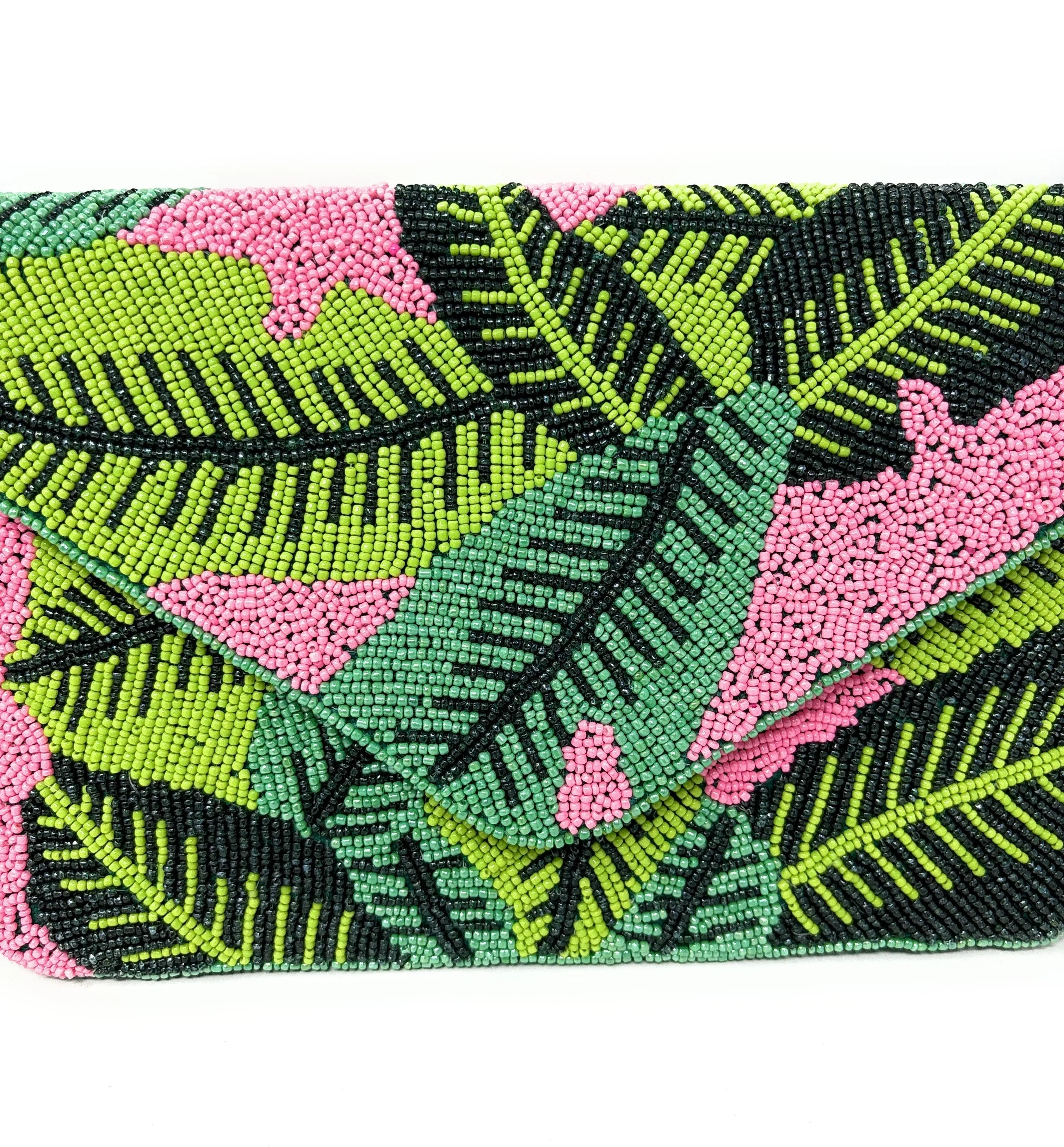 Palm Leaves Beaded Clutch Purse