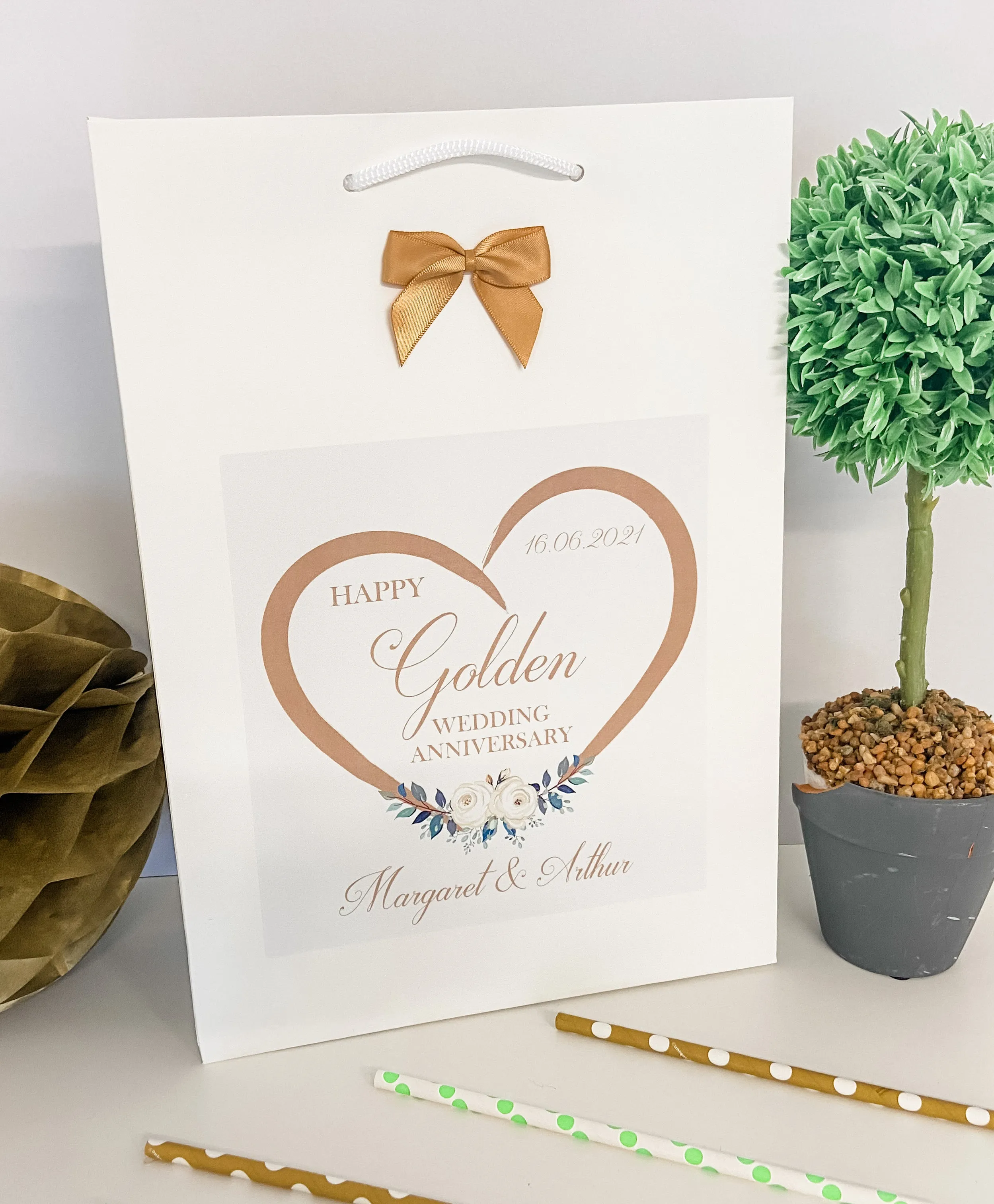 Personalised Anniversary Gift Bag Golden Wedding Floral Heart