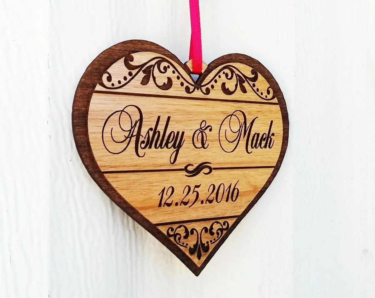 Personalized Christmas Heart Wood Ornament with Names and Date for Holiday Party, Wedding Gift, Engagement Announcement, Wedding Invitation