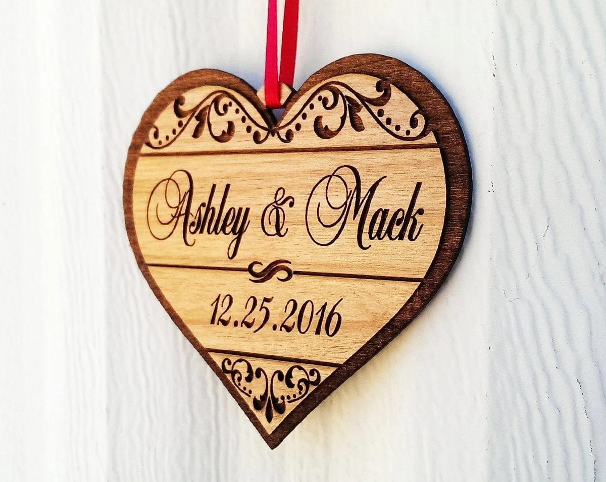 Personalized Christmas Heart Wood Ornament with Names and Date for Holiday Party, Wedding Gift, Engagement Announcement, Wedding Invitation