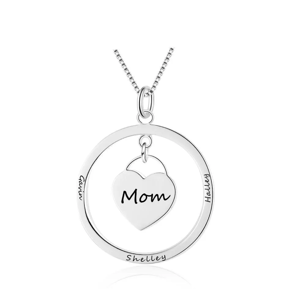 Personalized Women’s 925 Sterling Silver Name Engraved Necklace with Heart Designed Dangling Round Pendant, Trendy Jewelry Gift for Mom