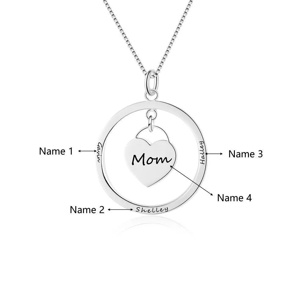 Personalized Women’s 925 Sterling Silver Name Engraved Necklace with Heart Designed Dangling Round Pendant, Trendy Jewelry Gift for Mom