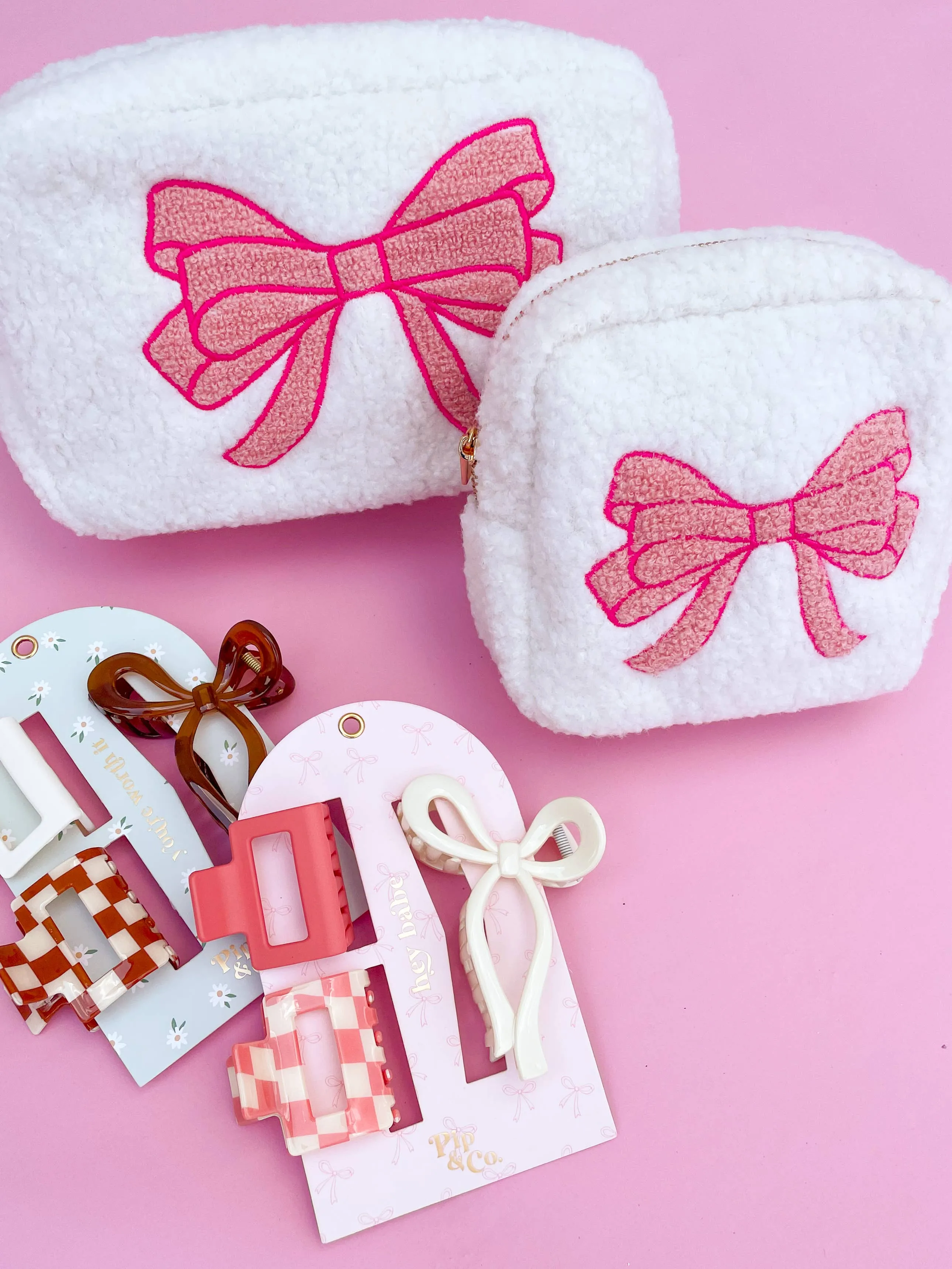 Pink Bow Teddy Cosmetic Zipper Bag - Large