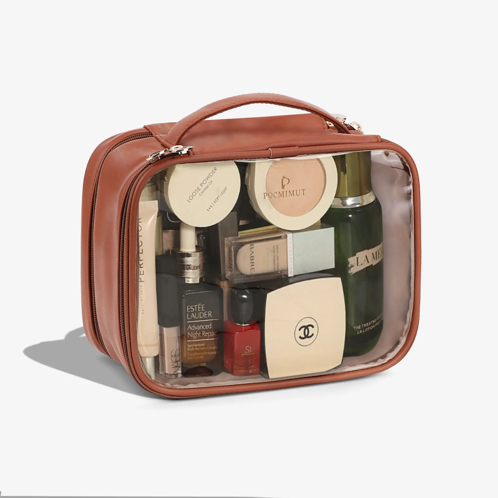 Pocmimut Square Makeup Bag in Double Layer Transparent Leather