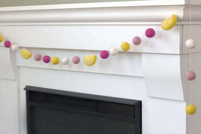 Raspberry Lemonade Felt Ball Garland- Yellow Pink