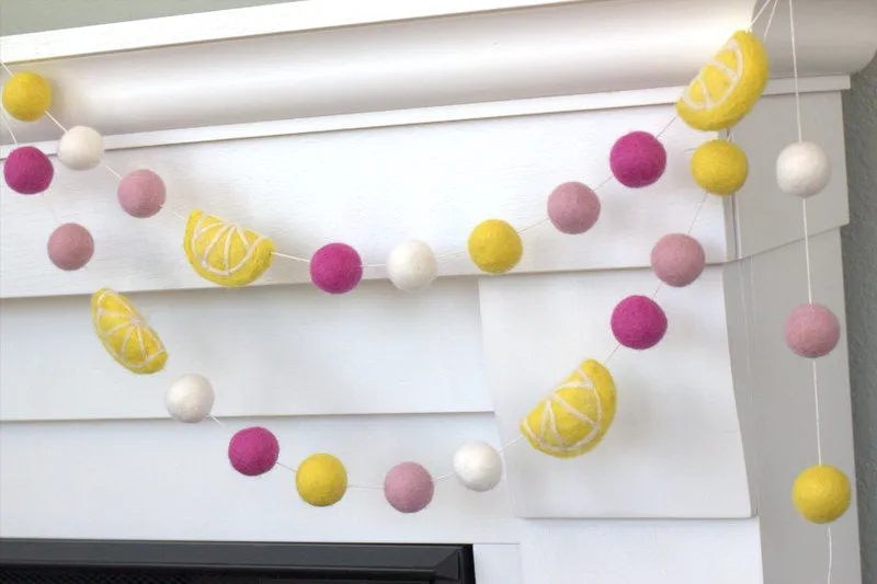 Raspberry Lemonade Felt Ball Garland- Yellow Pink