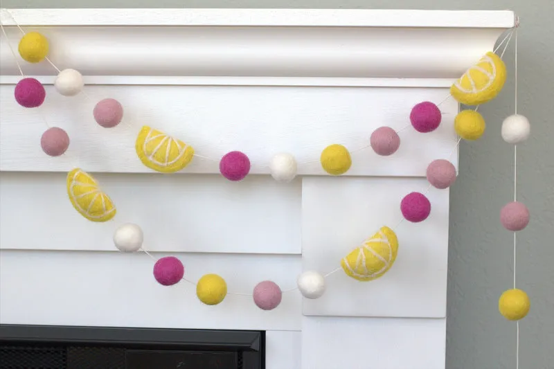 Raspberry Lemonade Felt Ball Garland- Yellow Pink