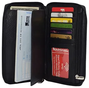 RFID Blocking Genuine Leather Long Bifold Zipper Checkbook Cover Wallet