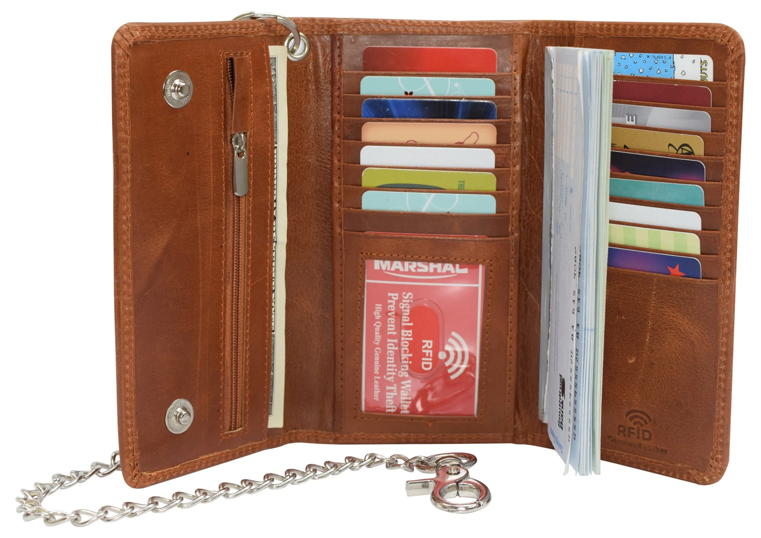 RFID Blocking Men's Tri-fold Vintage Long Style Cow Leather With Chain card holder Wallet