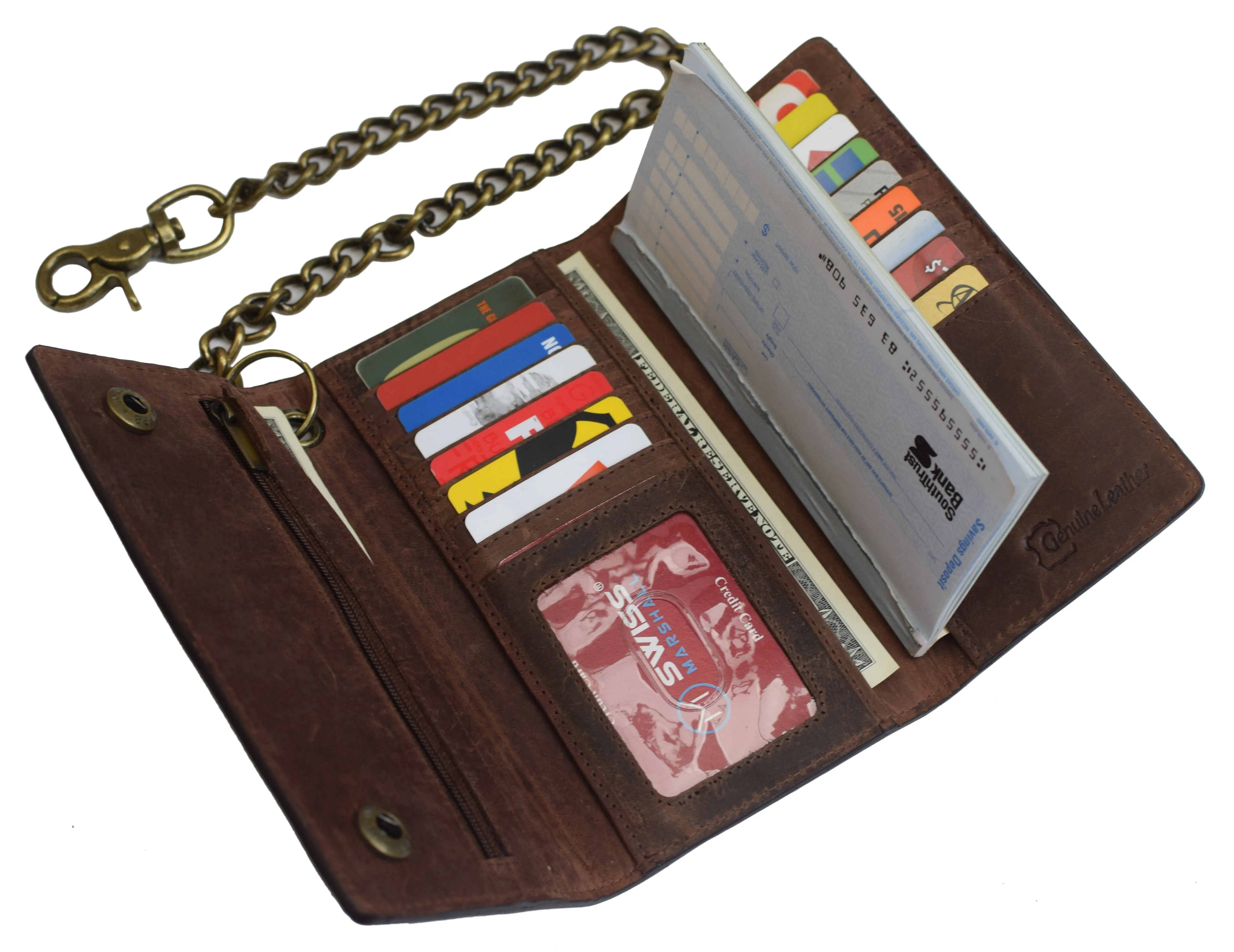 RFID Blocking Men's Tri-fold Vintage Long Style Cow Leather With Chain card holder Wallet