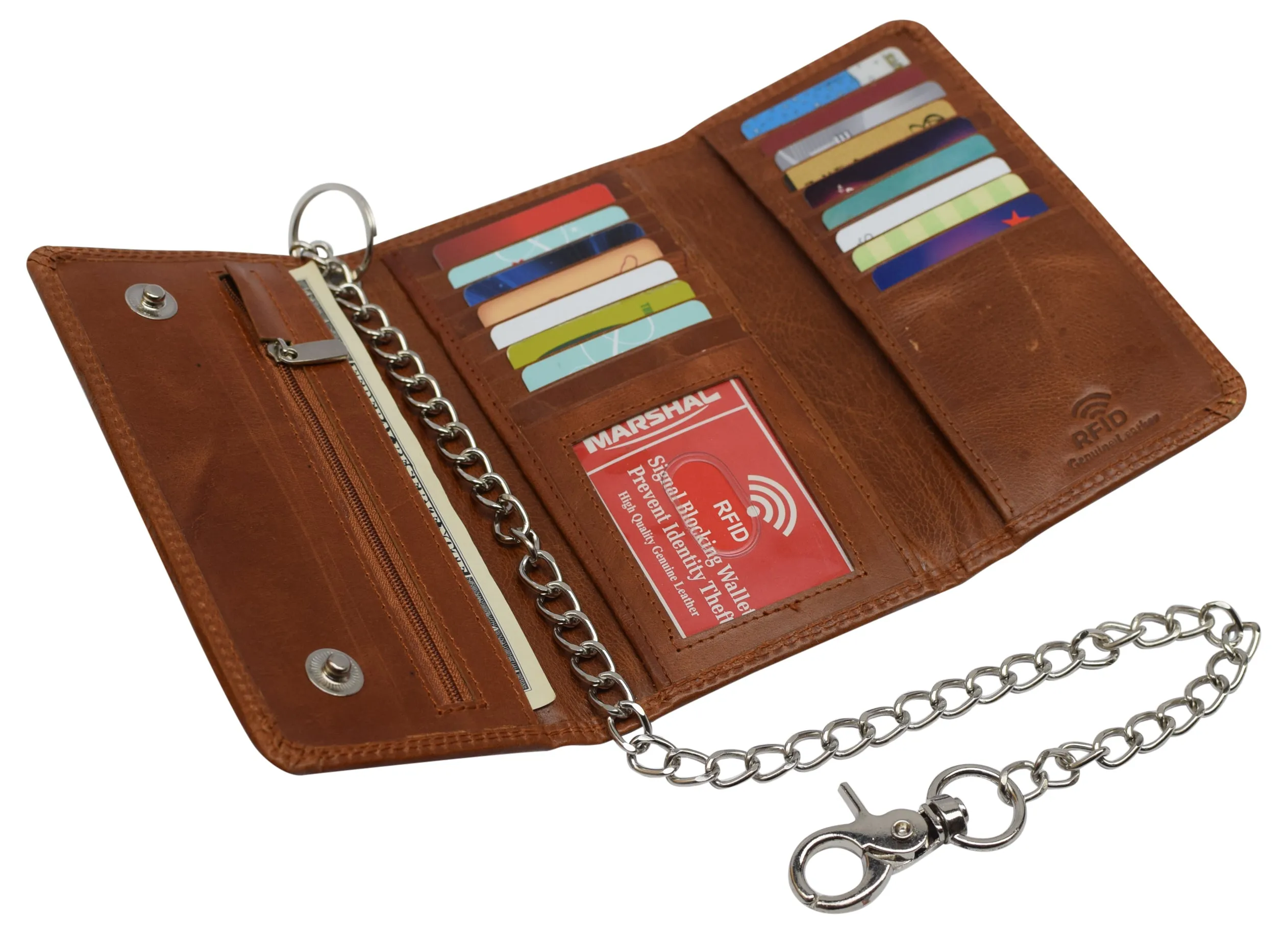 RFID Blocking Men's Tri-fold Vintage Long Style Cow Leather With Chain card holder Wallet