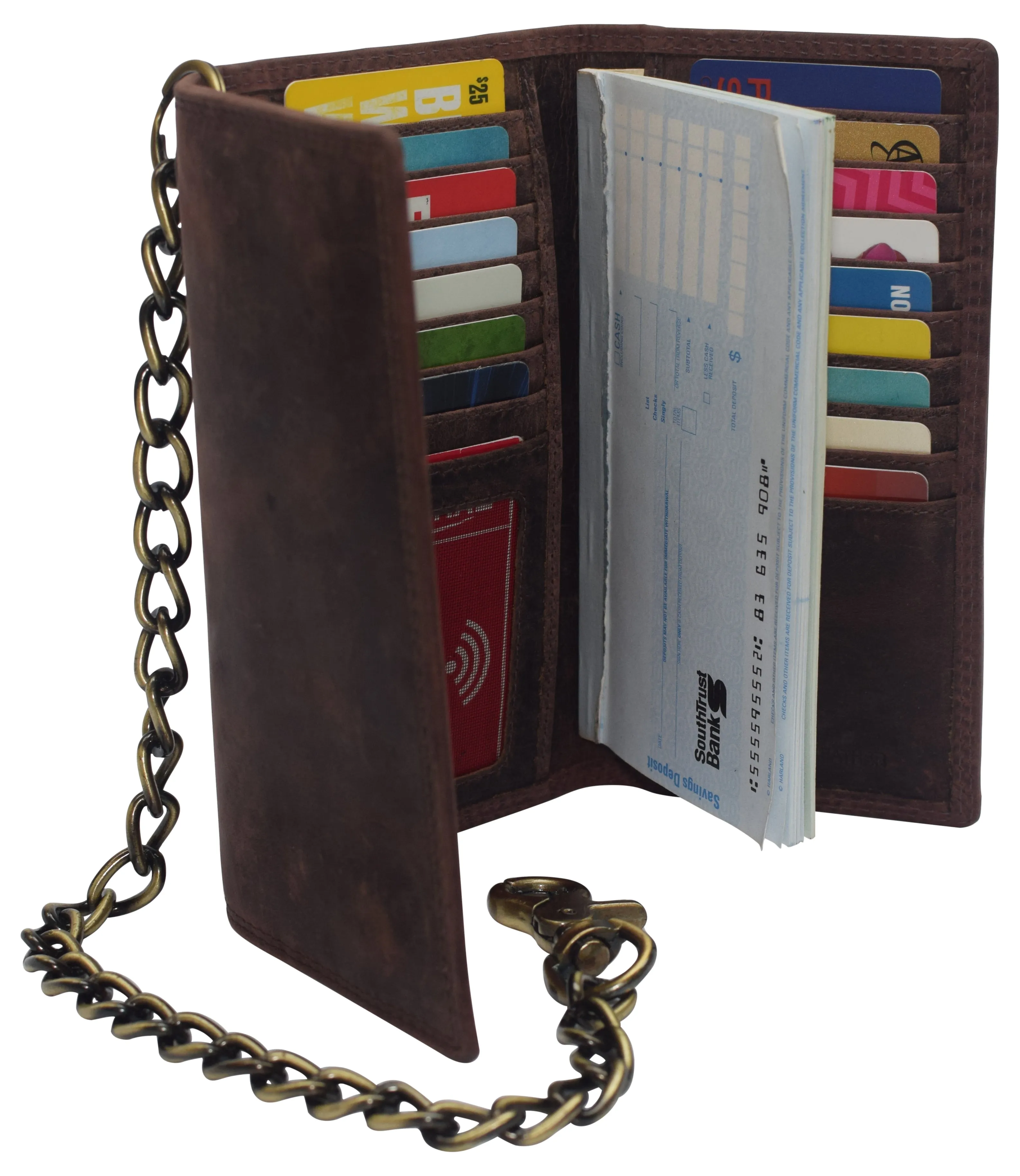 RFID Blocking Men's Tri-fold Vintage Long Style Cow Leather With Chain card holder Wallet