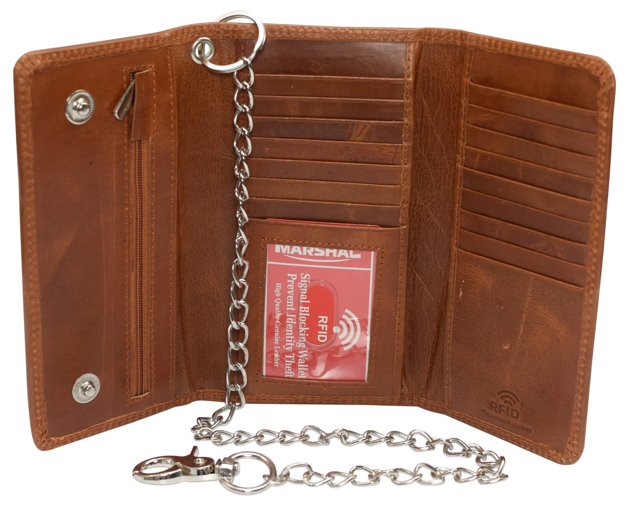 RFID Blocking Men's Tri-fold Vintage Long Style Cow Leather With Chain card holder Wallet