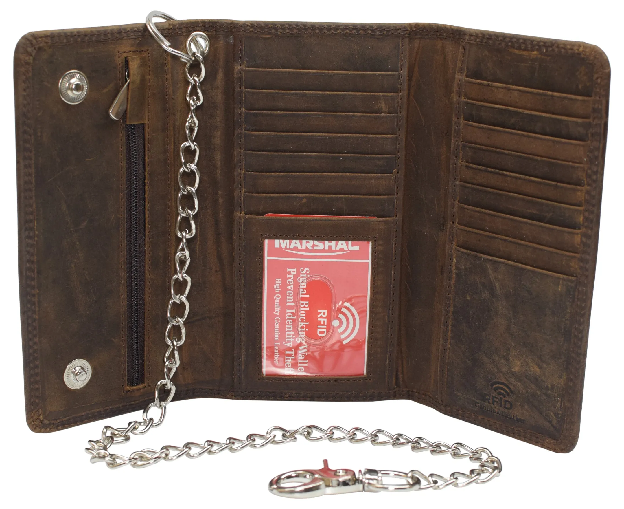 RFID Blocking Men's Tri-fold Vintage Long Style Cow Leather With Chain card holder Wallet