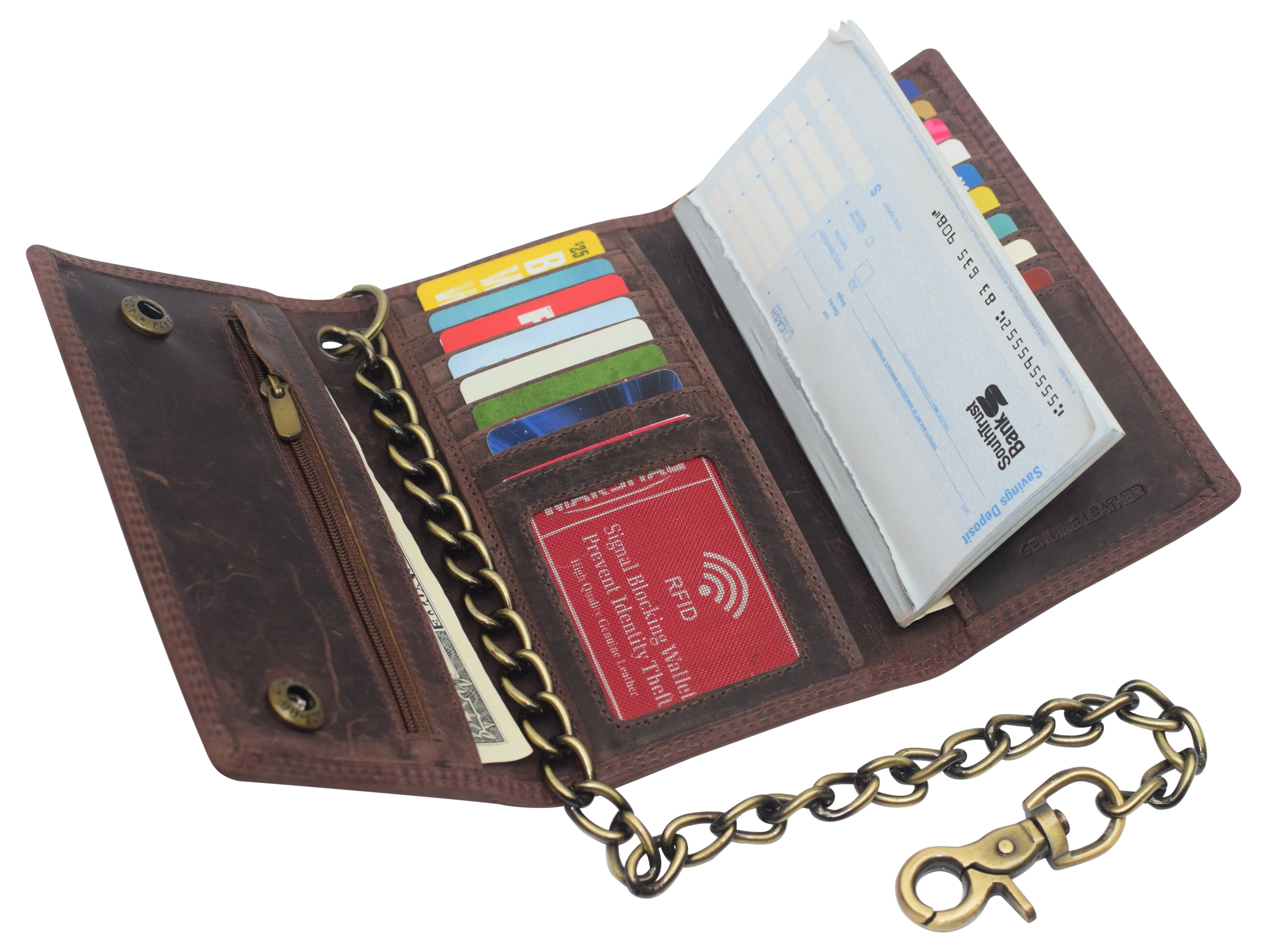 RFID Blocking Men's Tri-fold Vintage Long Style Cow Leather With Chain card holder Wallet