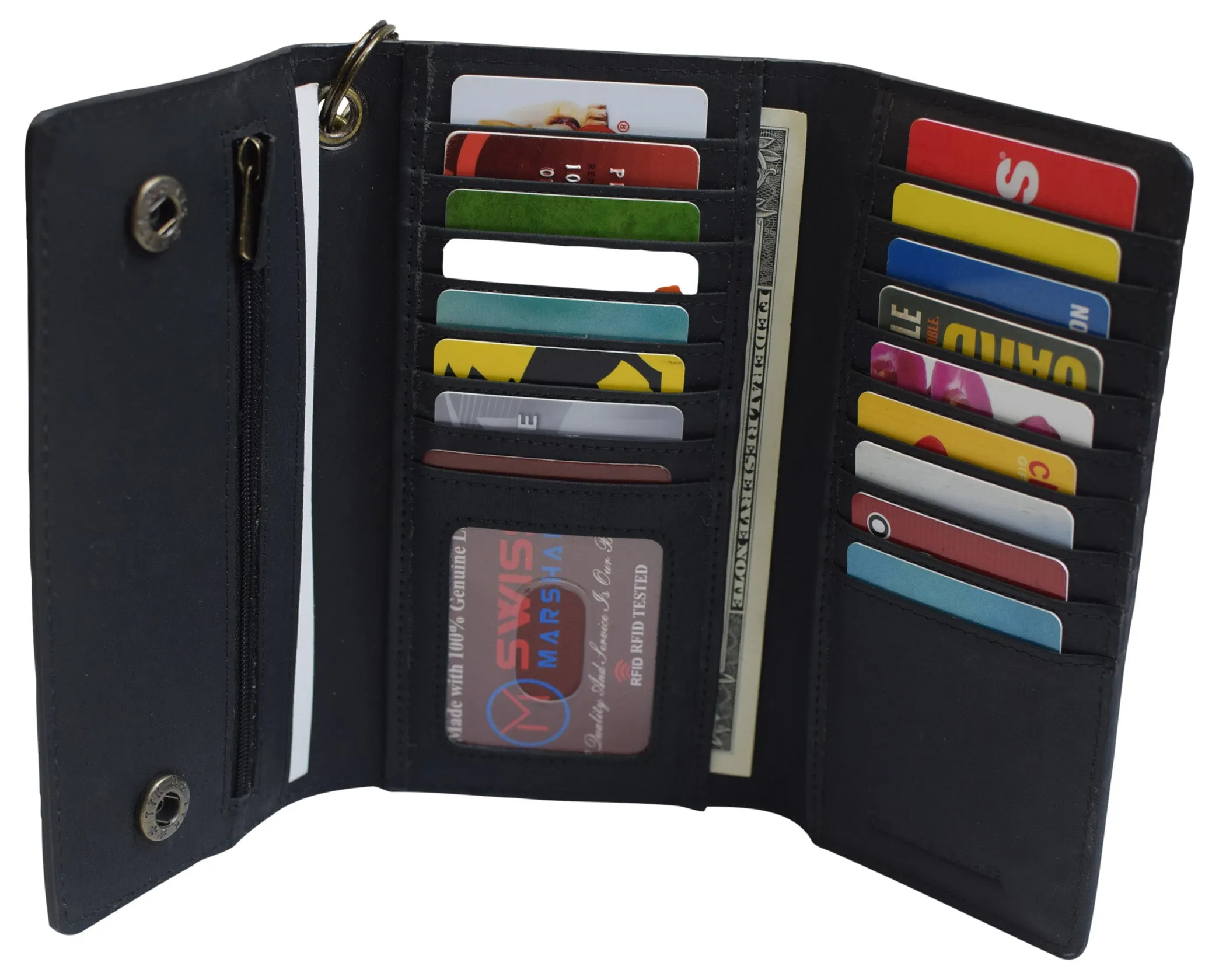 RFID Blocking Men's Tri-fold Vintage Long Style Cow Leather With Chain card holder Wallet