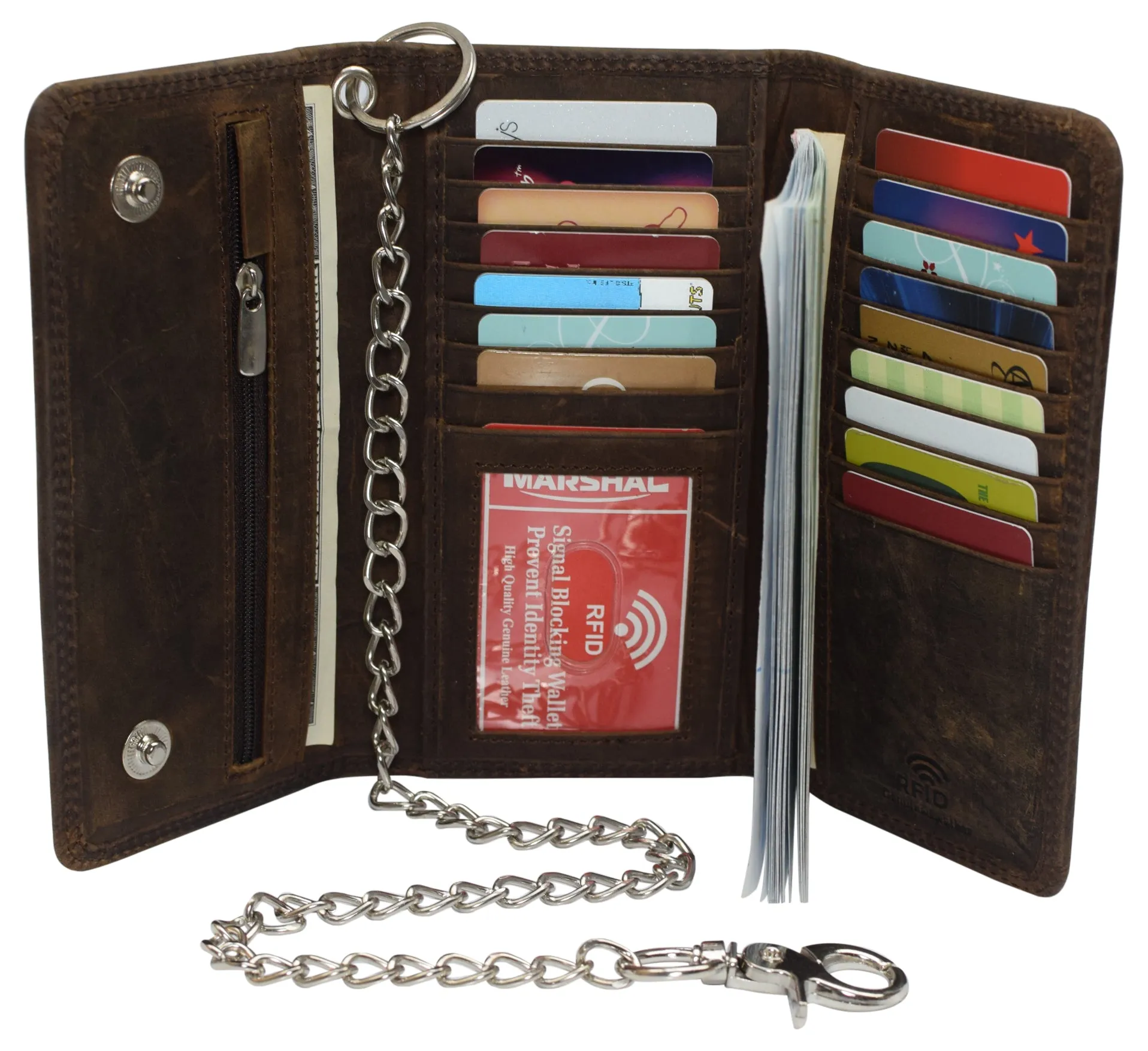 RFID Blocking Men's Tri-fold Vintage Long Style Cow Leather With Chain card holder Wallet