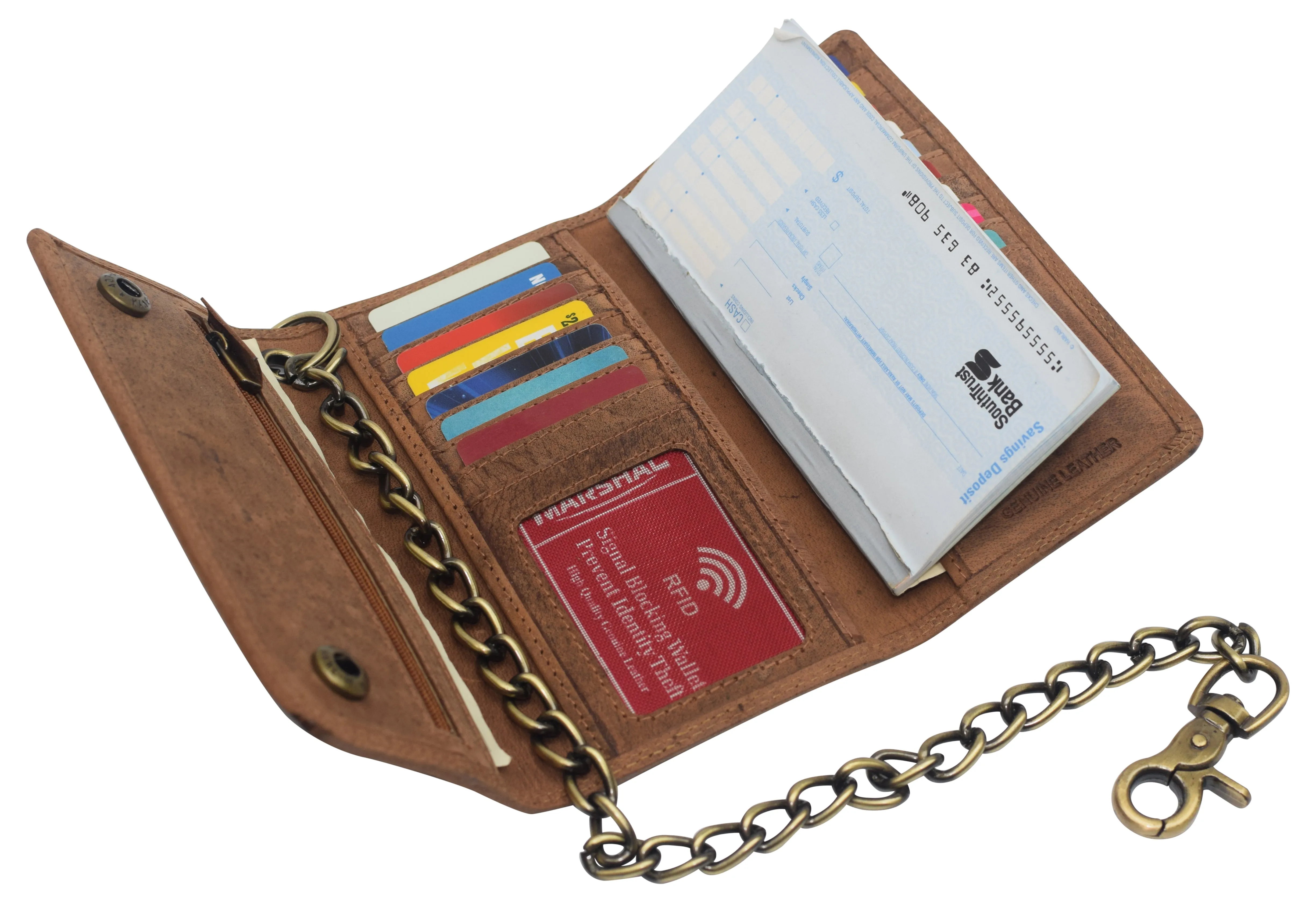 RFID Blocking Men's Tri-fold Vintage Long Style Cow Leather With Chain card holder Wallet