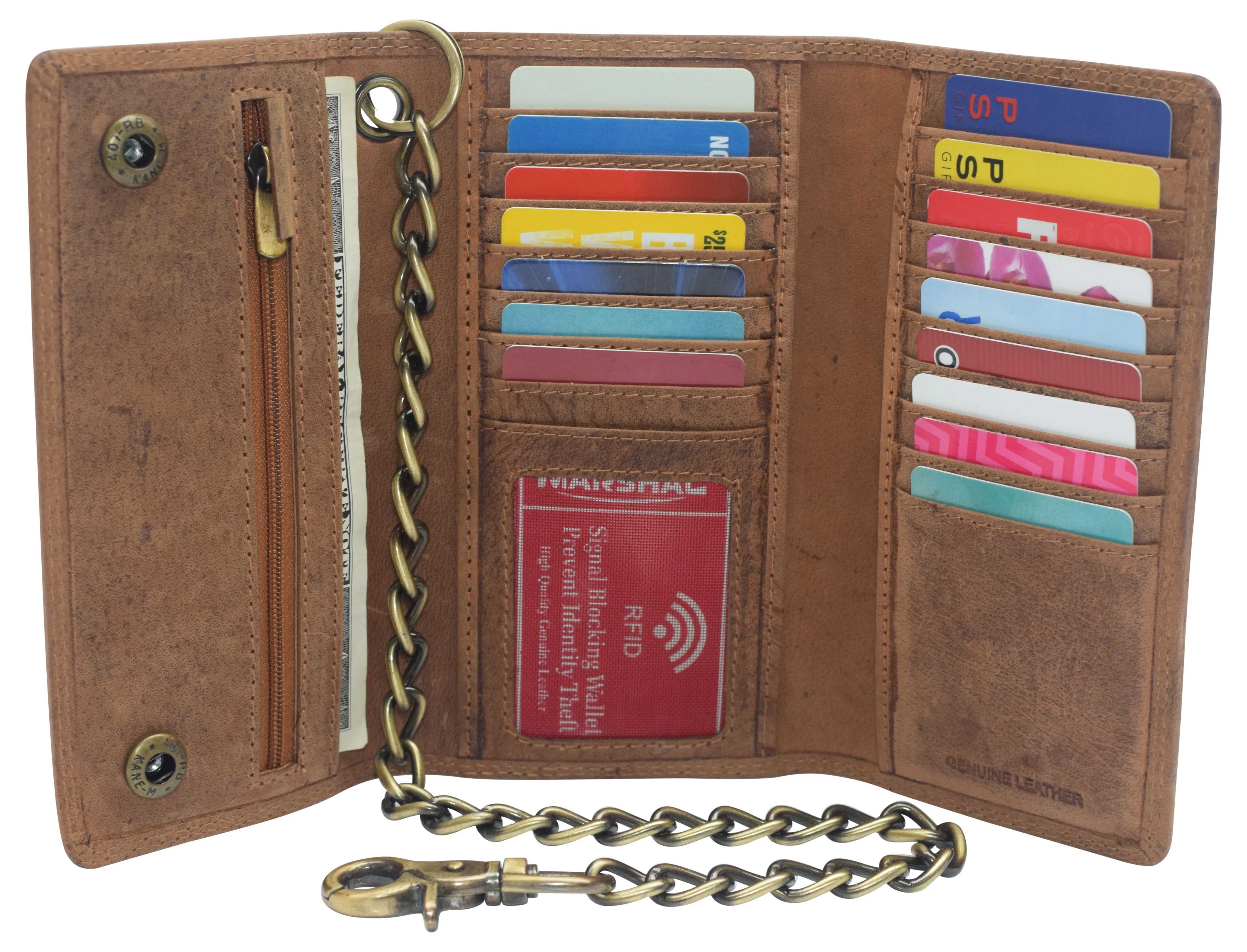 RFID Blocking Men's Tri-fold Vintage Long Style Cow Leather With Chain card holder Wallet