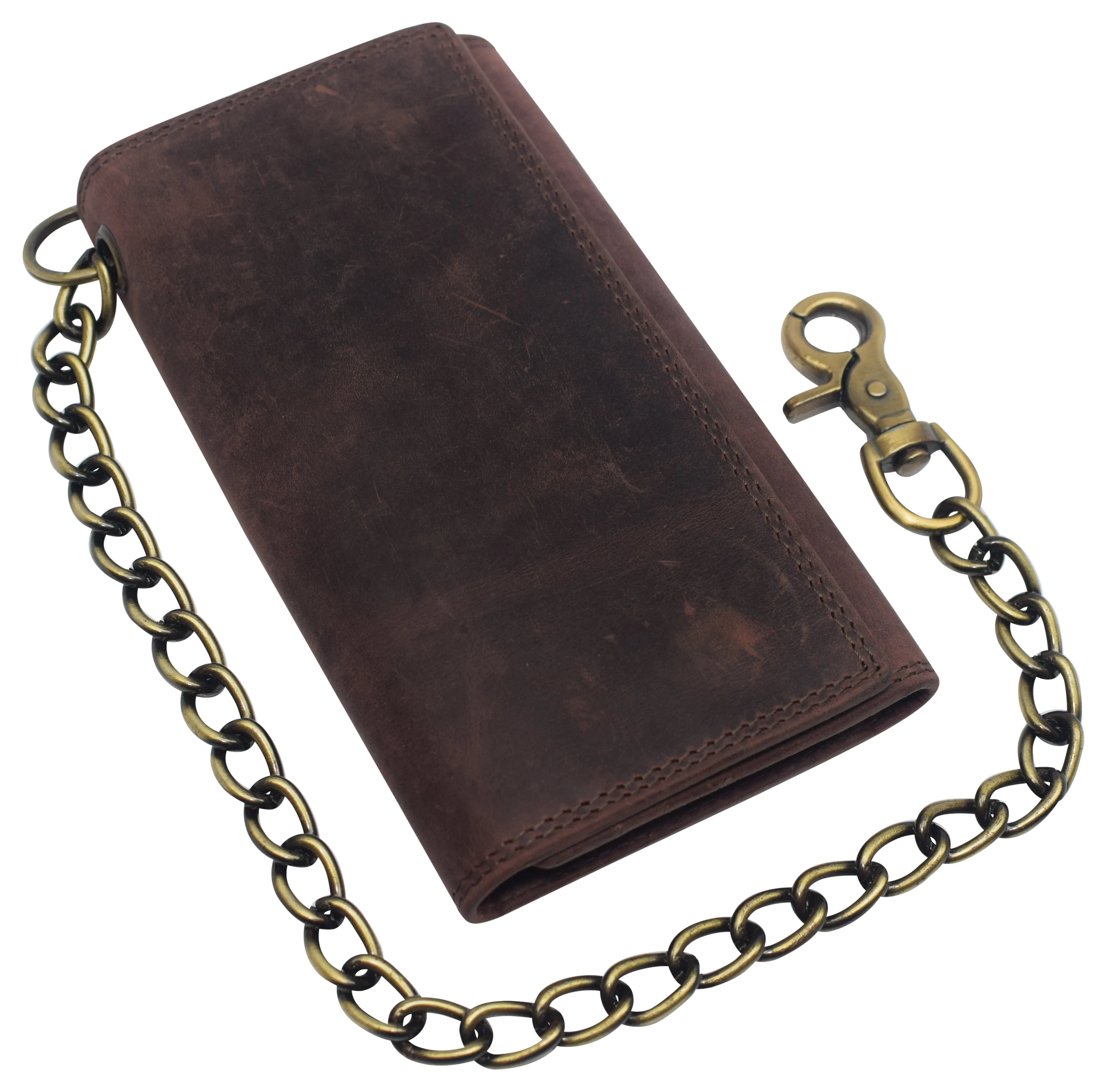 RFID Blocking Men's Tri-fold Vintage Long Style Cow Leather With Chain card holder Wallet