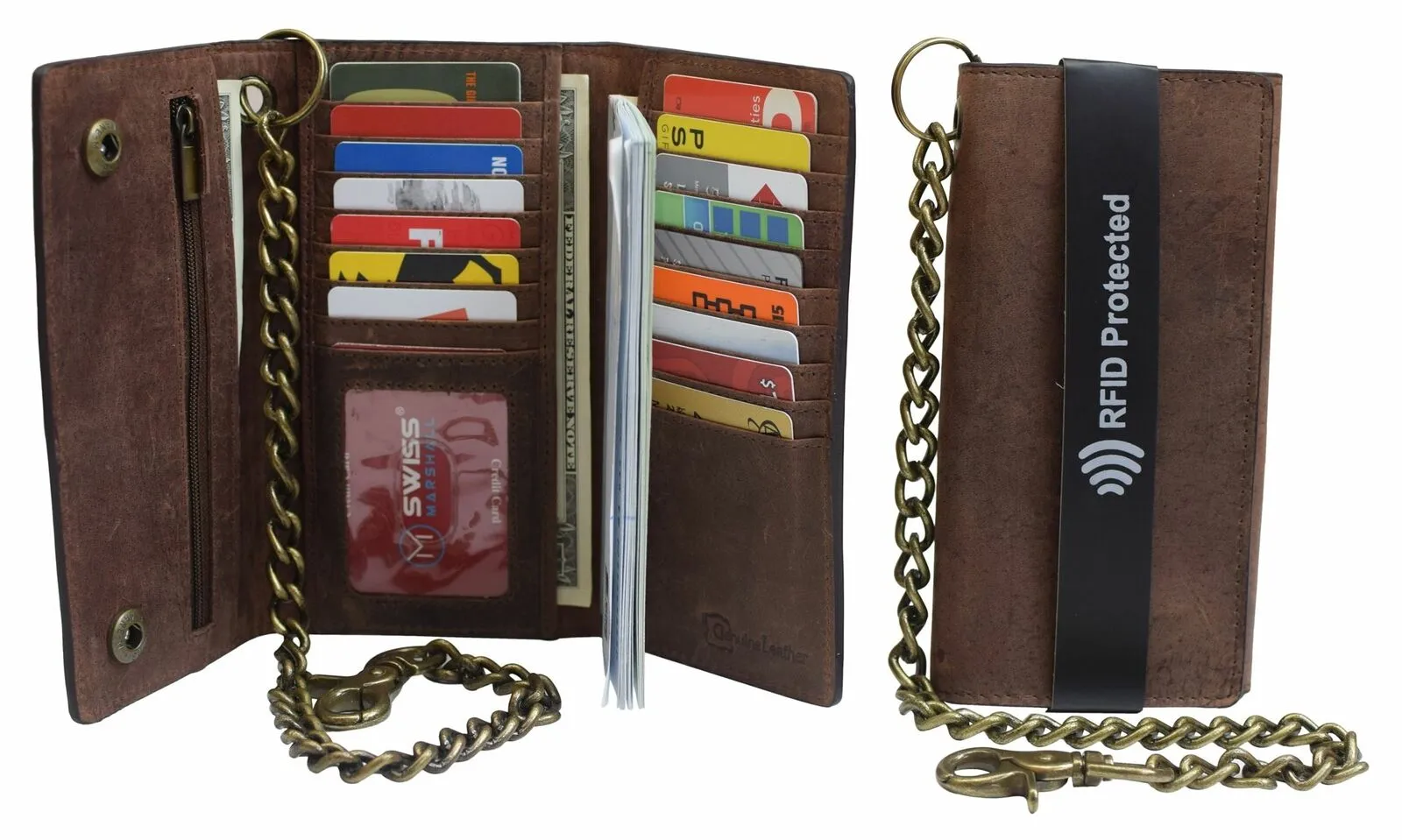 RFID Blocking Men's Tri-fold Vintage Long Style Cow Leather With Chain card holder Wallet