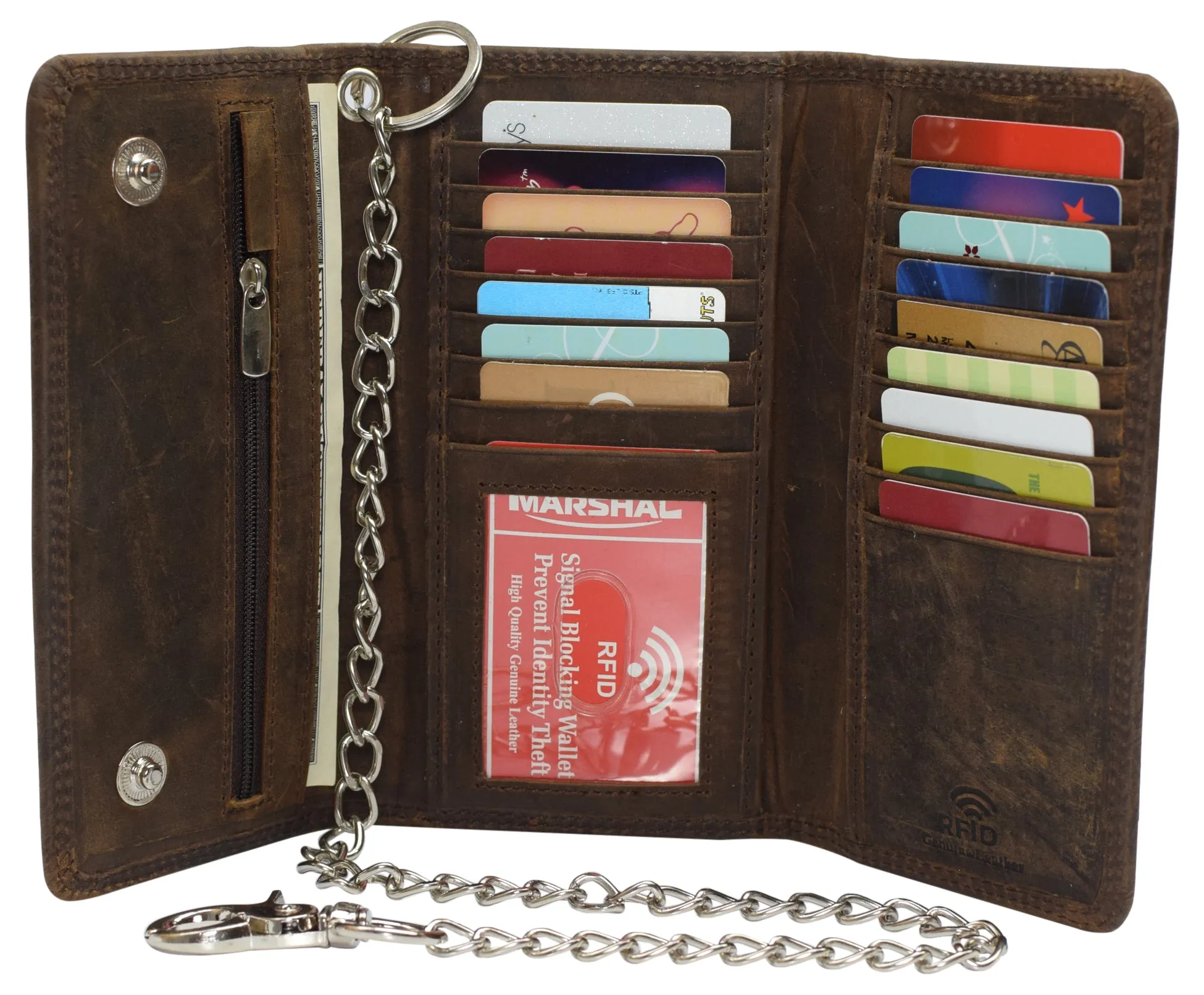 RFID Blocking Men's Tri-fold Vintage Long Style Cow Leather With Chain card holder Wallet