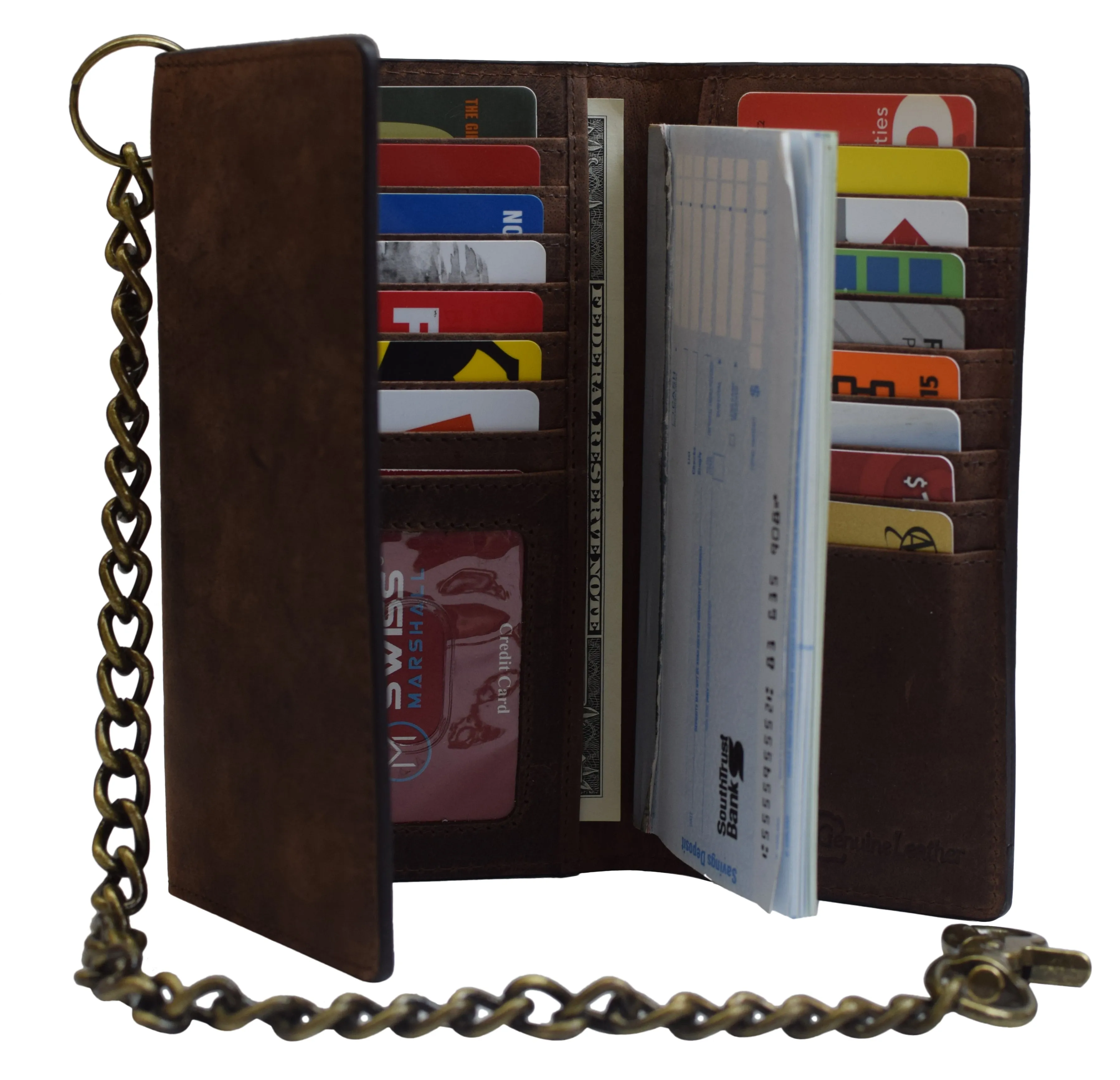 RFID Blocking Men's Tri-fold Vintage Long Style Cow Leather With Chain card holder Wallet