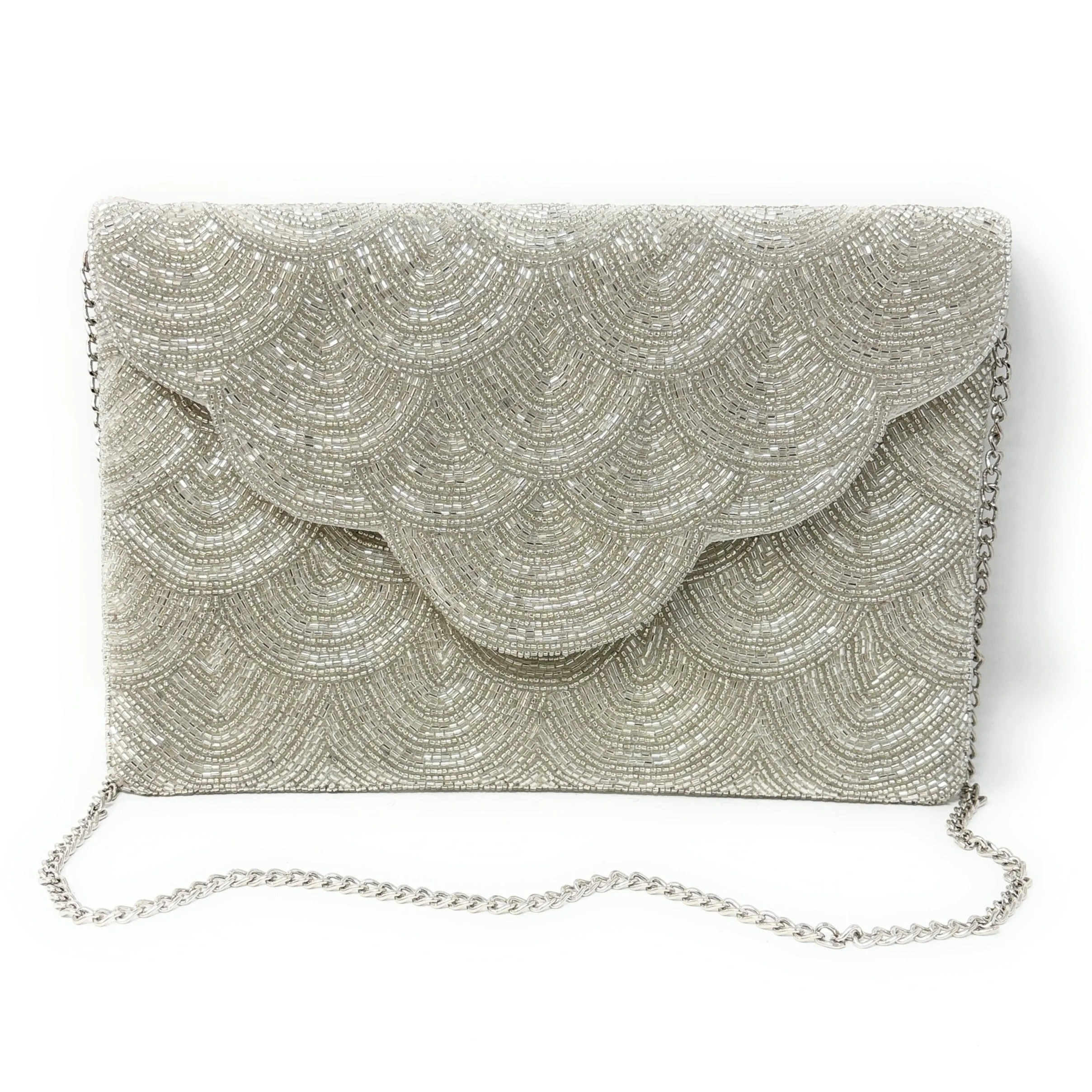 Scalloped Silver Beaded Clutch Purse