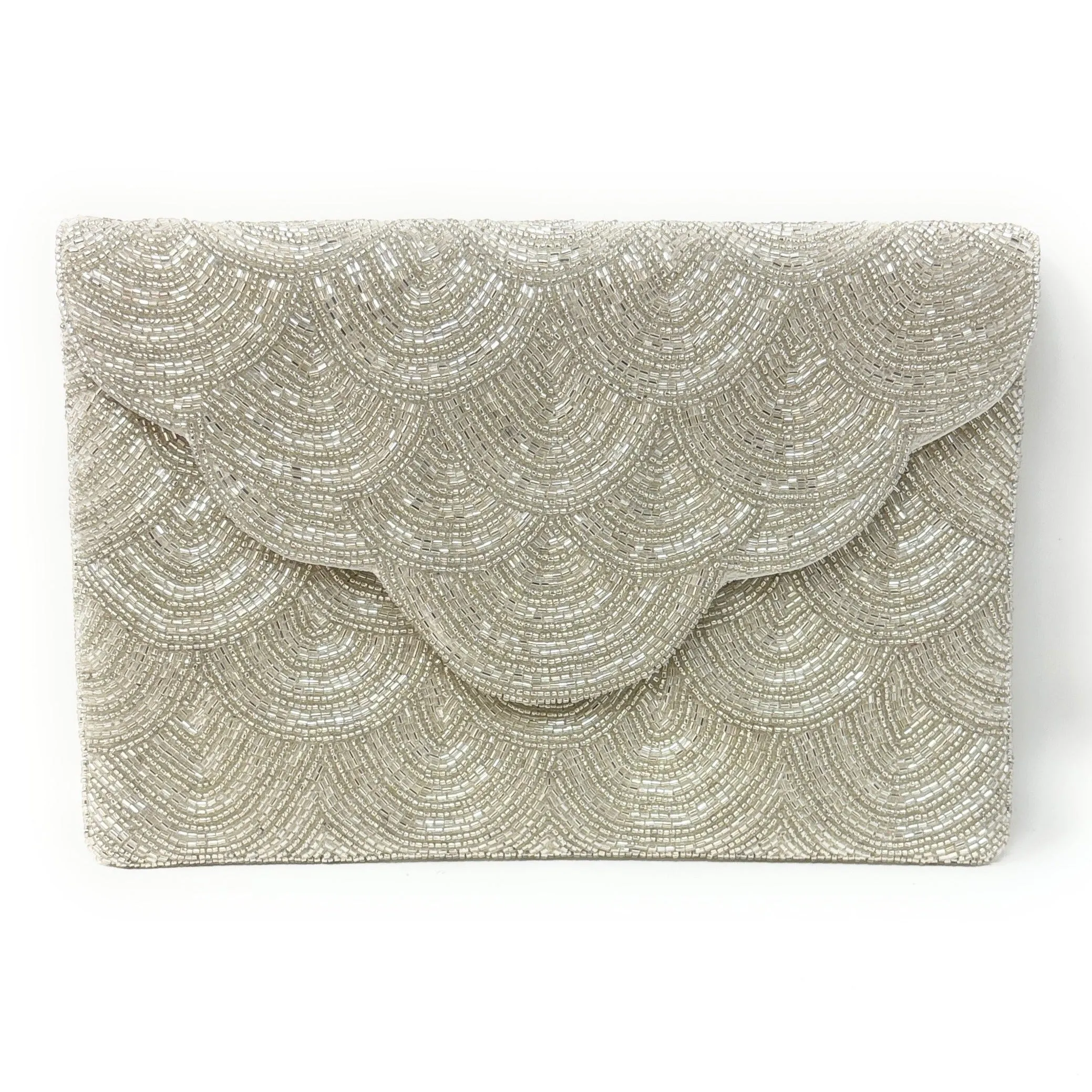 Scalloped Silver Beaded Clutch Purse