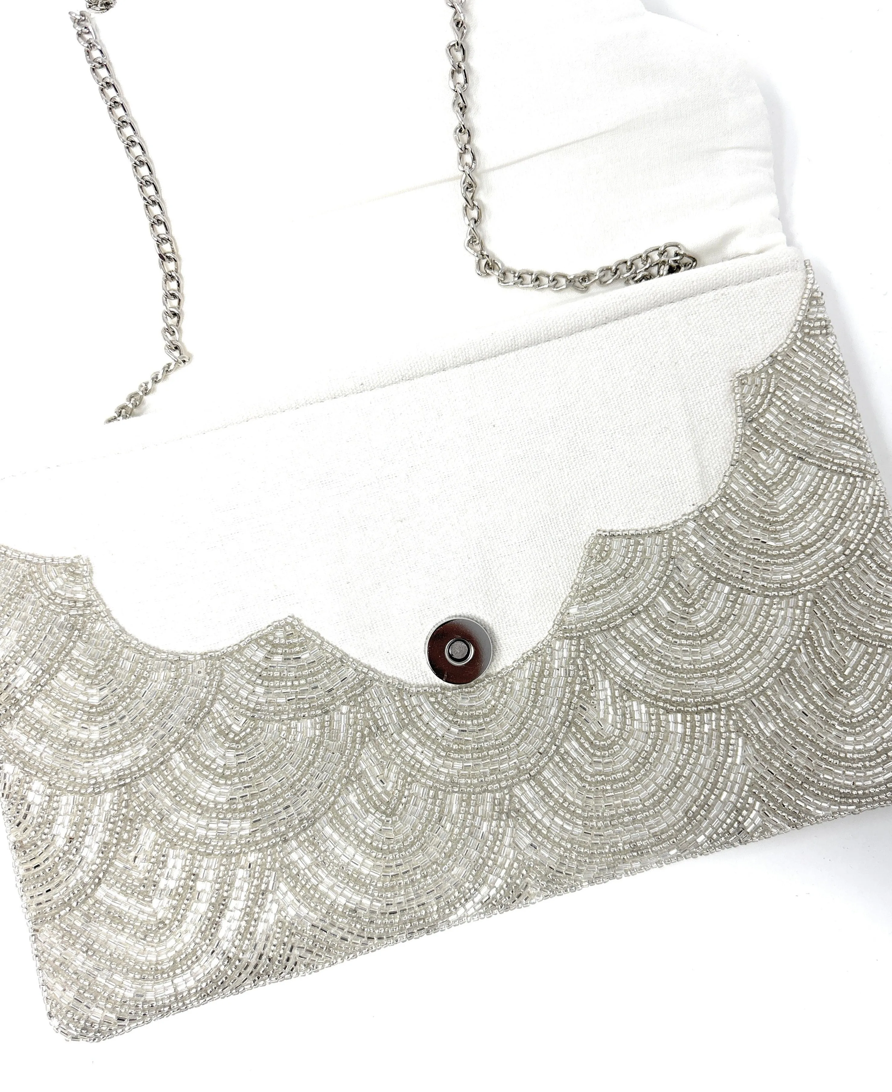 Scalloped Silver Beaded Clutch Purse