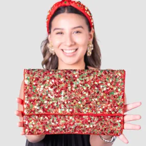 Sequin Red Green Beaded Clutch Purse