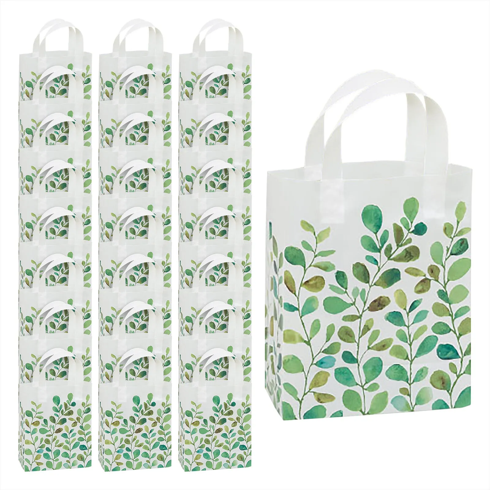 Spring Greenery Watercolor Green Leaf Plastic Gift Bags and Party Favor Bags, Medium Size 8"x4"x10" (25 Pack)