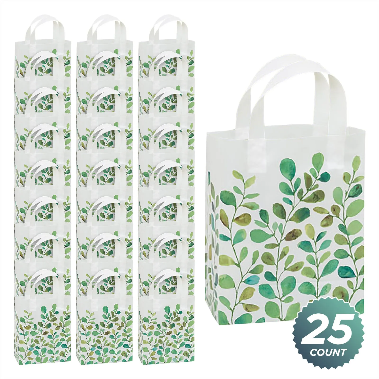 Spring Greenery Watercolor Green Leaf Plastic Gift Bags and Party Favor Bags, Medium Size 8"x4"x10" (25 Pack)