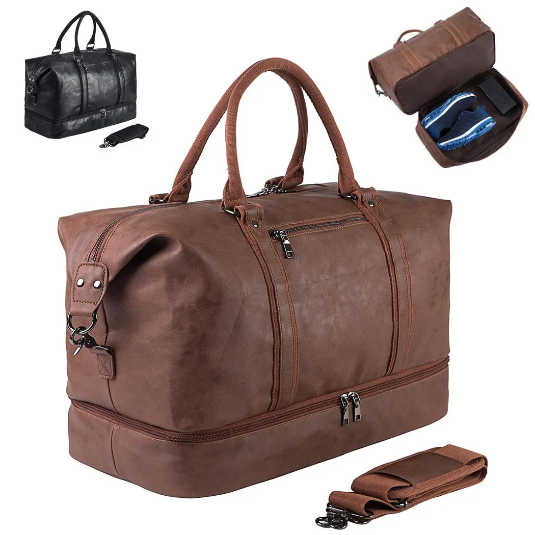 SYFashion™ Men's Vintage Large Leather Travel Duffle Weekend Bag w/ Shoe Storage