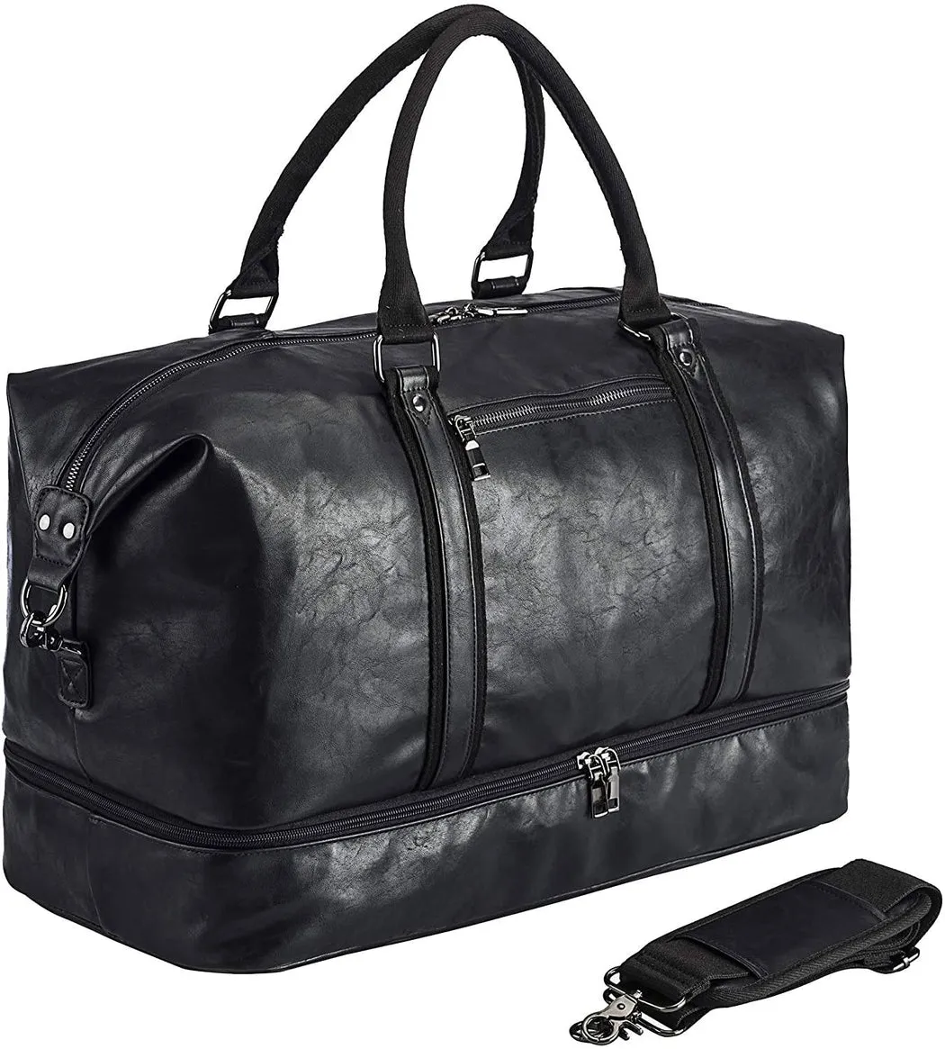 SYFashion™ Men's Vintage Large Leather Travel Duffle Weekend Bag w/ Shoe Storage