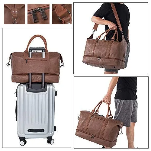 SYFashion™ Men's Vintage Large Leather Travel Duffle Weekend Bag w/ Shoe Storage