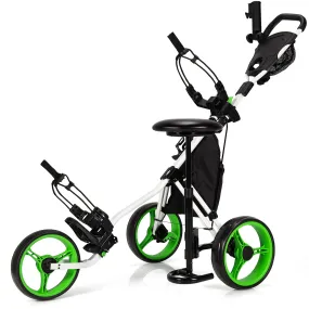 Tangkula Golf Push Pull Cart with Seat, Lightweight Foldable Collapsible 3 Wheels Golf Push Cart, Golf Trolley W/Storage Bag Foot Brake